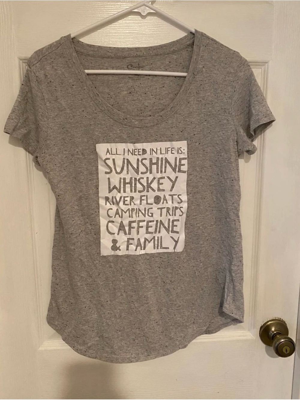 Curfew Heather Gray Scoop Neck Graphic Tee with White Block Print